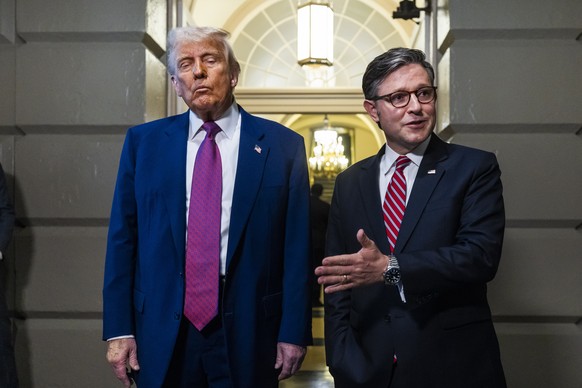 epa12119940 US President Donald Trump (L), alongside Republican Speaker of the House Mike Johnson (R), speaks to the media after his meeting with House Republicans about his so-called &#039;big beauti ...