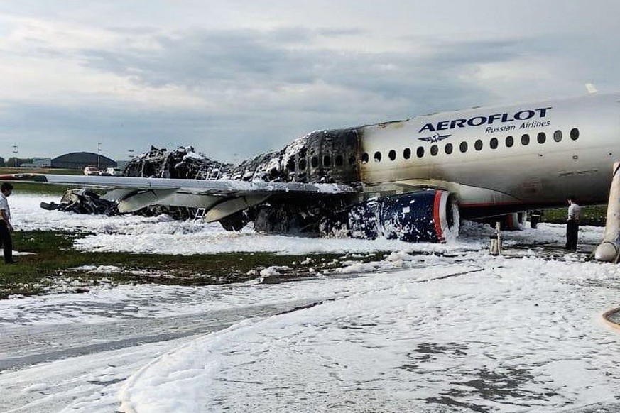 epa07550566 A handout photo made available by the Moscow News Agency shows the Sukhoi Superjet 100 passenger plane of the Russian airline Aeroflot at Sheremetyevo airport in Moscow, Russia, 06 May 201 ...
