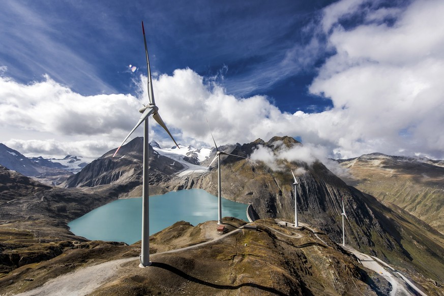 Wind turbines at the site of the highest wind park in Europe are pictured at the Griessee, near the Nufenenpass in the Swiss south Alpes, Valais, Switzerland, on September 23, 2016. The four wind turb ...