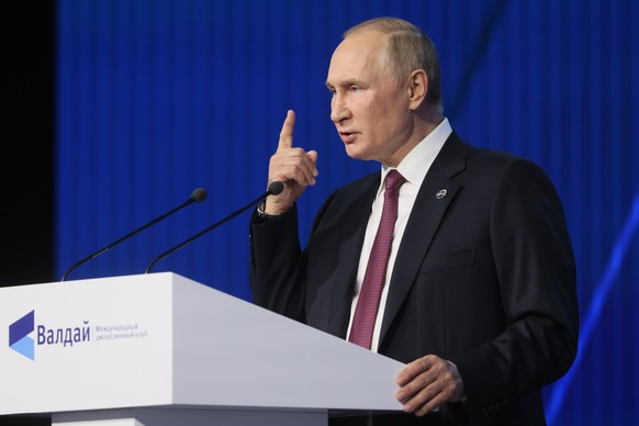 FILE - Russian President Vladimir Putin gestures while speaking at the plenary session of the 19th annual meeting of the Valdai International Discussion Club outside Moscow, Russia, Thursday, Oct. 27, ...