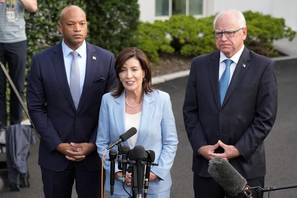 New York Gov. Kathy Hochul speaks to reporters after meeting with President Joe Biden, Wednesday, July 3, 2024, at the White House in Washington, as Maryland Gov. Wes Moore and Minnesota Gov. Tim Walz ...