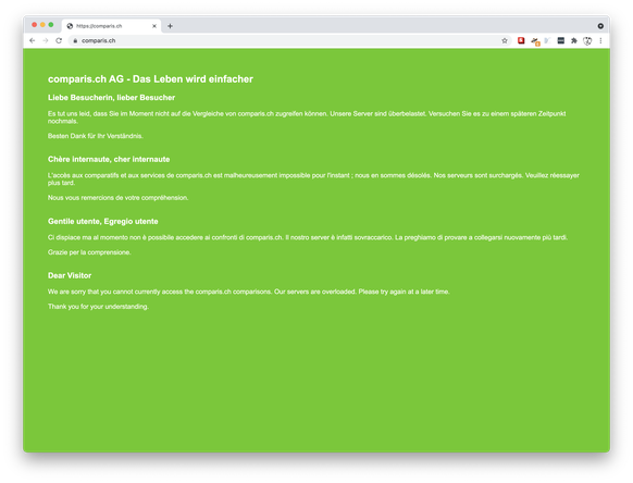 Wer comparis.ch aufruft, bekommt nur einen Hinweis in eigener Sache zu Gesicht. «Es tut uns leid, dass Sie im Moment nicht auf die Vergleiche von comparis.ch zugreifen können. Unsere Server sind überb ...