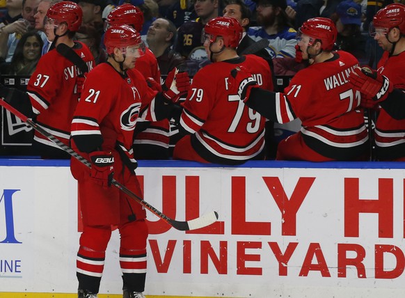 Carolina Hurricanes forward Nino Niederreiter (21) celebrates his goal during the third period of an NHL hockey game against the Buffalo Sabres, Thursday, Feb. 7, 2019, in Buffalo, N.Y. (AP Photo/Jeff ...