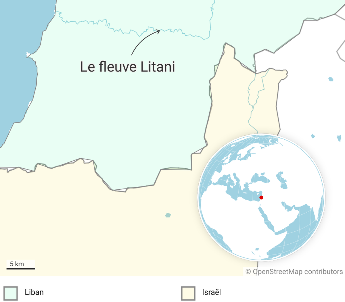 Le fleuve Litani, une carte du Liban et d'Israël.