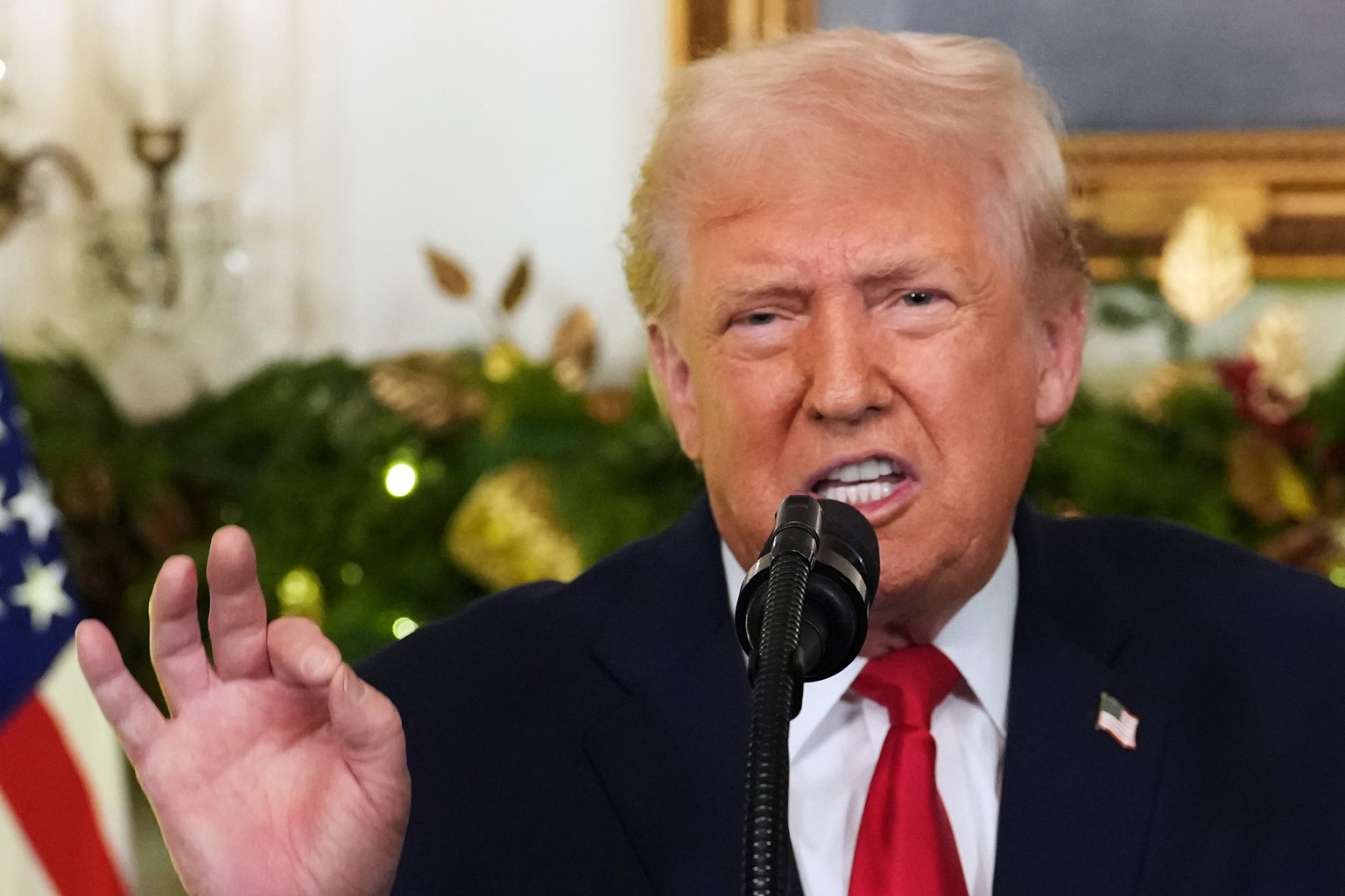 President Donald Trump speaks during an address to the nation from the Diplomatic Reception Room at the White House, Wednesday, Dec. 17, 2025, in Washington. (Doug Mills/The New York Times via AP, Poo ...