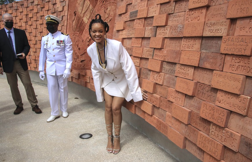 Rihanna poses for a photo at Golden Square Freedom Park after becoming Barbados 11th National Hero, during the National Honors ceremony and Independence Day Parade, in Bridgetown, Barbados, Tuesday No ...