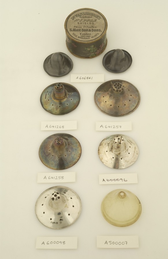 L0036308 Selection of Nipple Shields
Credit: Wellcome Library, London. Wellcome Images
images@wellcome.ac.uk
http://wellcomeimages.org
Silver and celluloid nipple shields. The top two are sitting next ...