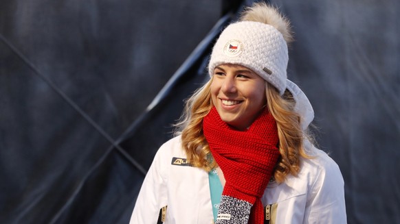 Two time gold winter olympic medalist Ester Ledecka arrives to greet her fans at the Old Town Square in Prague, Czech Republic, Monday, Feb. 26, 2018. Ester Ledecka has received a hero&#039;s welcome  ...