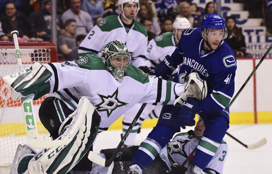 Nov 13, 2016; Vancouver, British Columbia, CAN; Dallas Stars goaltender Kari Lehtonen (32) and defenseman John Klingberg (3) defend against Vancouver Canucks forward Sven Baertschi (47) during the fir ...