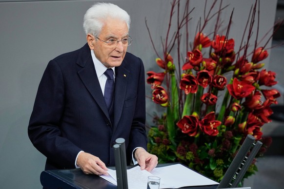 Sergio Mattarella, President of Italy, delivers a speech in the German parliament, Bundestag, on the occasion of Remembrance Day in Berlin, Germany, Sunday, Nov. 16, 2025. (AP Photo/Ebrahim Noroozi)
S ...
