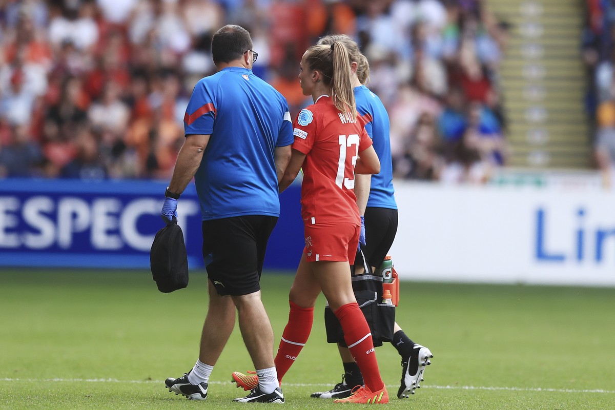 Switzerland's Lia Waelti leaves the pitch after injuring during the Women Euro 2022 soccer match between Switzerland and Netherlands at Bramall Lane Stadium in Sheffield, England, Sunday, July 17 ...