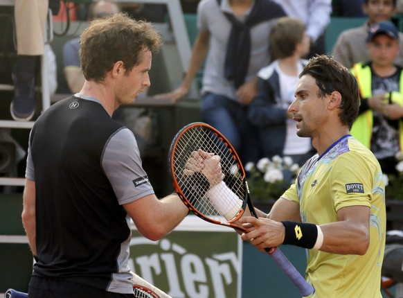 Andy Murray of Britain (L) shakes hands with David Ferrer of Spain after winning their men&#039;s quarter-final match during the French Open tennis tournament at the Roland Garros stadium in Paris, Fr ...