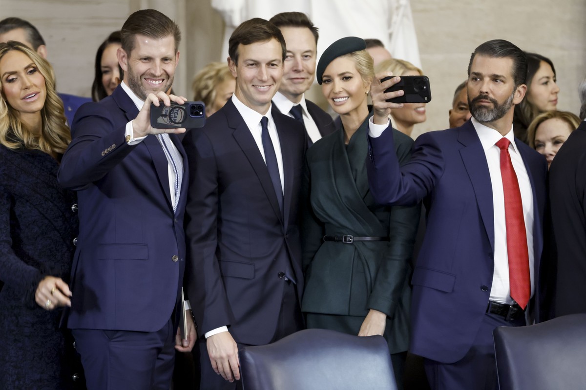 epa11840006 (L-R) Laura Trump, Eric Trump, Elon Musk, Ivanka Trump, and Donald Trump Jr. following US President Donald Trump?s inauguration as the 47th President of the United States in the rotunda of ...