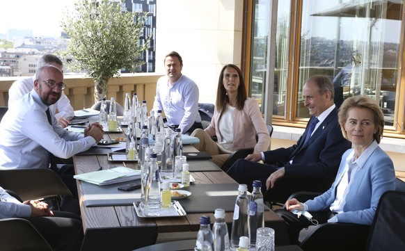 from left, European Council President Charles Michel, Luxembourg&#039;s Prime Minister Xavier Bettel, Belgium&#039;s Prime Minister Sophie Wilmes, Ireland&#039;s Prime Minister Micheal Martin and Euro ...