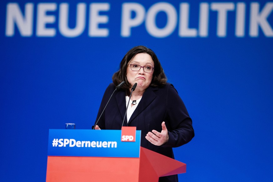 epa06685309 The designated leader of the Social Democratic Party (SPD) and Chairwoman of the SPD faction Andrea Nahles speaks during an extraordinary Social Democrats (SPD) party convention in Wiesbad ...