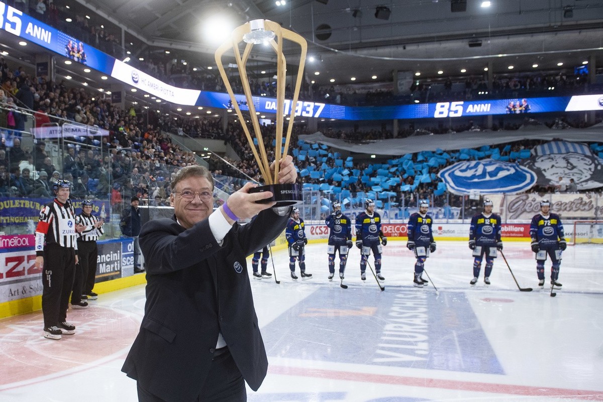 Ambri's president Filippo Lombardi with the Spengler Cup trophy before the preliminary round game of National League Swiss Championship 2022/23 between HC Ambri Piotta and EHC Biel Bienne at the  ...