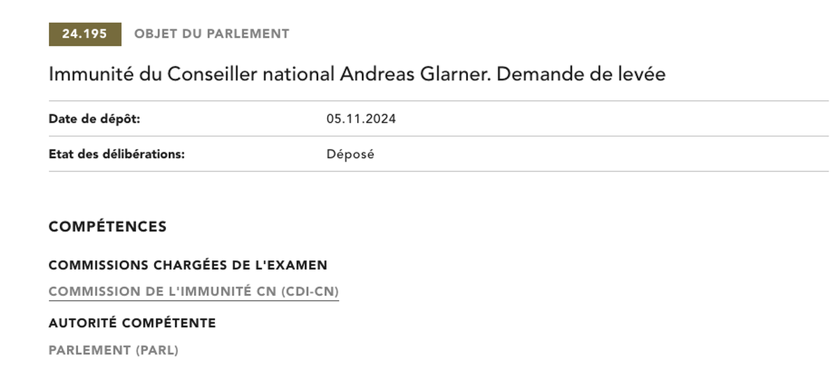 La demande de levée de l'immunité d'Andreas Glarner.