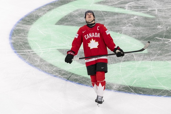 epa13005730 Canada's Macklin Celebrini reacts during the 2026 IIHF Men's Ice Hockey World Championship semi-final game between Canada and Finland in Zurich, Switzerland, 30 May 2026. EPA/CYR ...