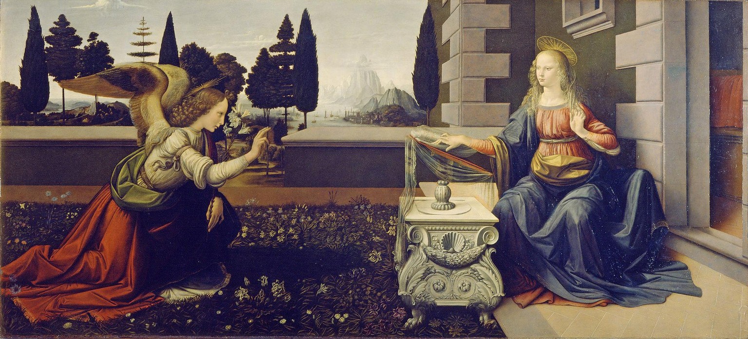 Das im Lukasevangelium geschilderte Ereignis der Verkündigung durch den Engel Gabriel, dass die Jungfrau Maria den Sohn Gottes vom Heiligen Geist empfangen und ihn gebären werde. Gemalt von Leonardo da Vinci, um 1472.