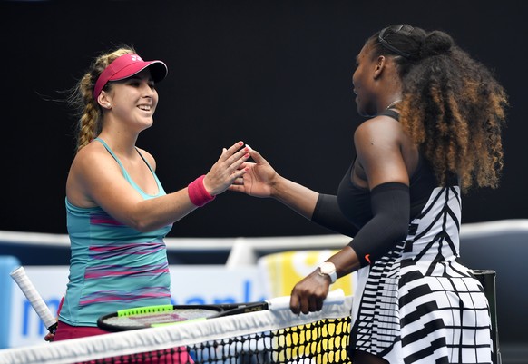United States&#039; Serena Williams, right, is congratulated by Switzerland&#039;s Belinda Bencic during their first round match at the Australian Open tennis championships in Melbourne, Australia, Tu ...