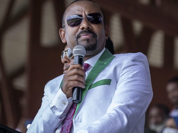 FILE - In this Wednesday, June 16, 2021 file photo, Ethiopia&#039;s Prime Minister Abiy Ahmed speaks at a final campaign rally at a stadium in the town of Jimma in the southwestern Oromia Region of Et ...