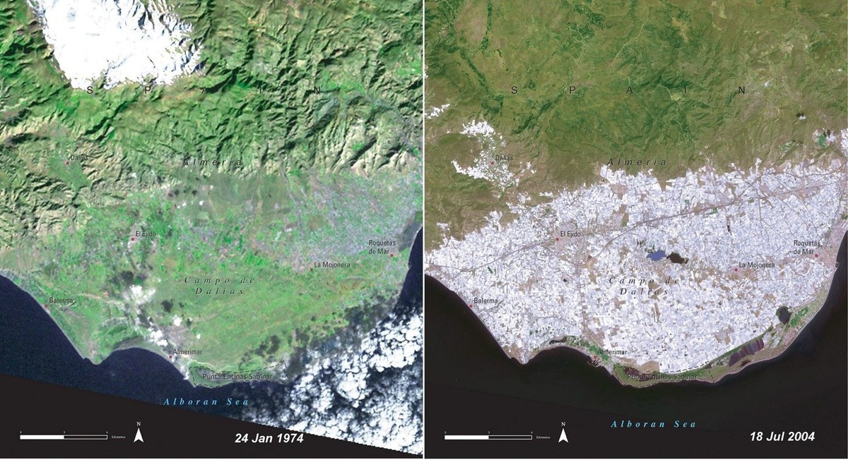 A composite of satellite photos taken 30 years apart in 1974 (L) and 2004 (R) and released by the United Nations Environment Programme on Saturday 04 June 2005 show the Almeria Province on the Souther ...