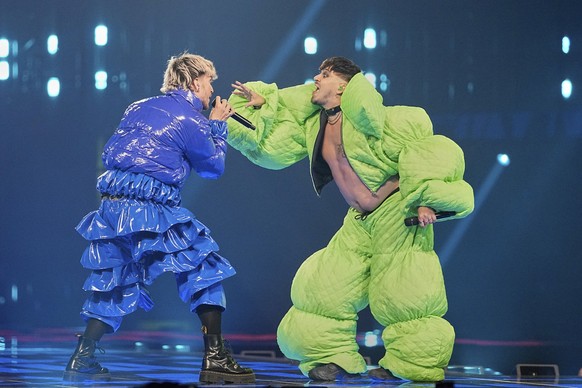 Baby Lasagna, left and Kaarija perform during the Grand Final of the 69th Eurovision Song Contest, in Basel, Switzerland, Saturday, May 17, 2025. (AP Photo/Martin Meissner)
Switzerland Eurovision Song ...