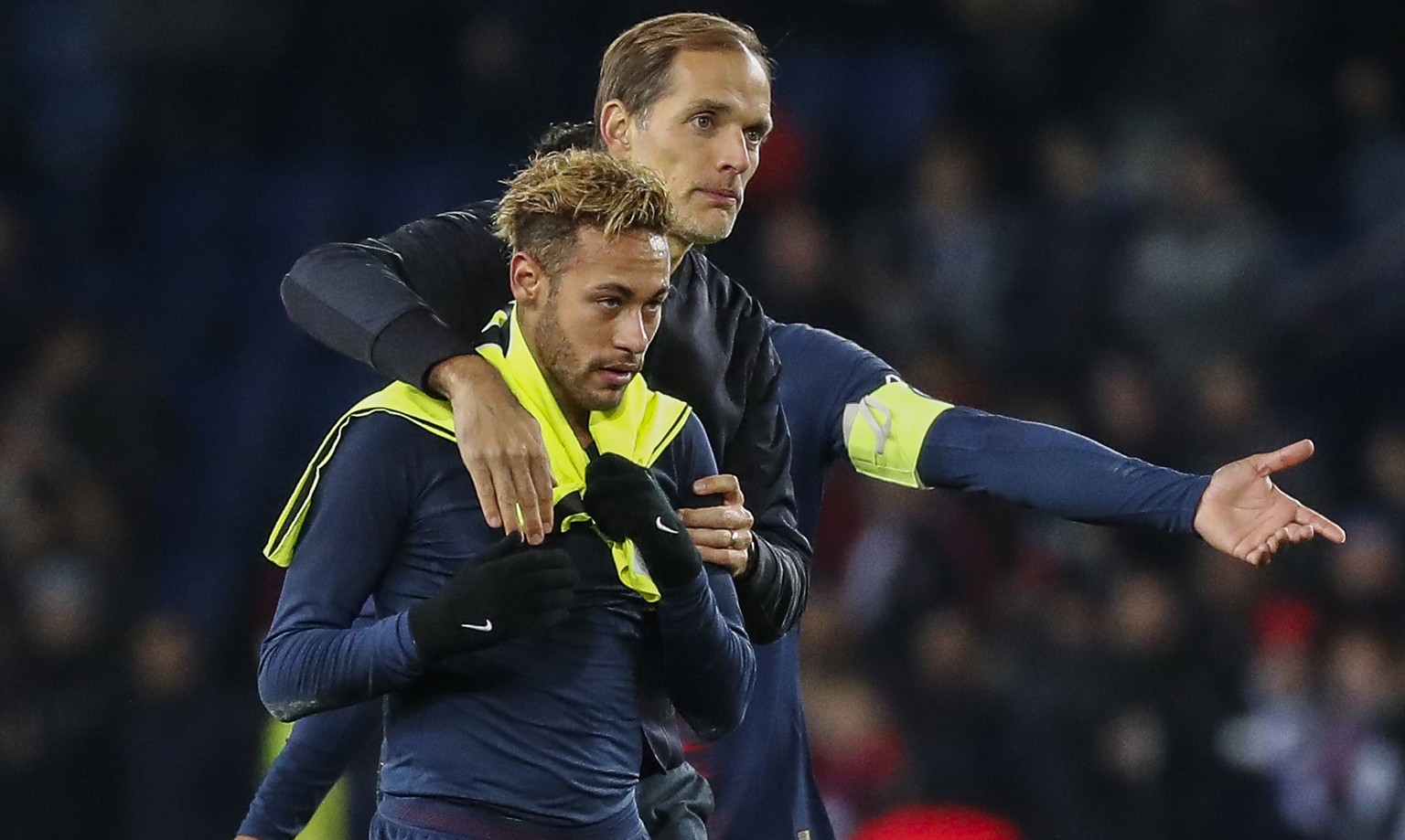 epa07137918 Paris Saint Germain&#039;s head coach Thomas Tuchel and Neymar Jr celebrate winning the French Ligue 1 soccer match between Paris Saint-Germain (PSG) and Lille (LOSC) in Paris, France, 02  ...