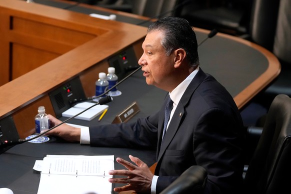 Sen. Alex Padilla, D-Calif., speaks during a Senate Judiciary Committee oversight hearing on Capitol Hill in Washington, Tuesday, Oct. 7, 2025. (AP Photo/Mark Schiefelbein)
Alex Padilla