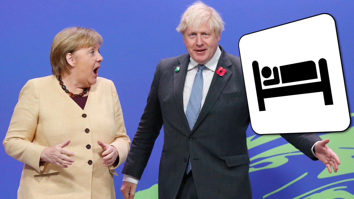 epa09557302 British Prime Minister Boris Johnson (R) greets German Chancellor Angela Merkel (L) as leaders arrive to attend the COP26 UN Climate Change Conference in Glasgow, Britain 01 November 2021. ...