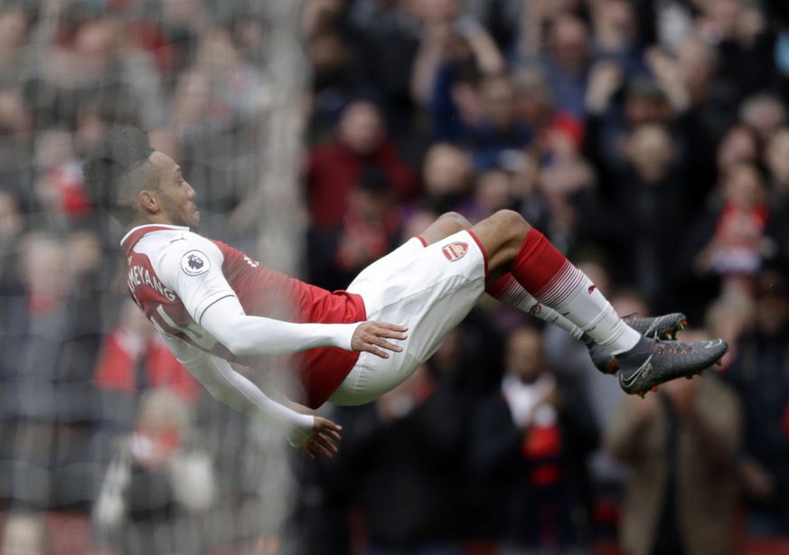 Arsenal&#039;s Pierre-Emerick Aubameyang celebrates after scoring his side&#039;s second goal during the English Premier League soccer match between Arsenal and Watford at the Emirates stadium in Lond ...