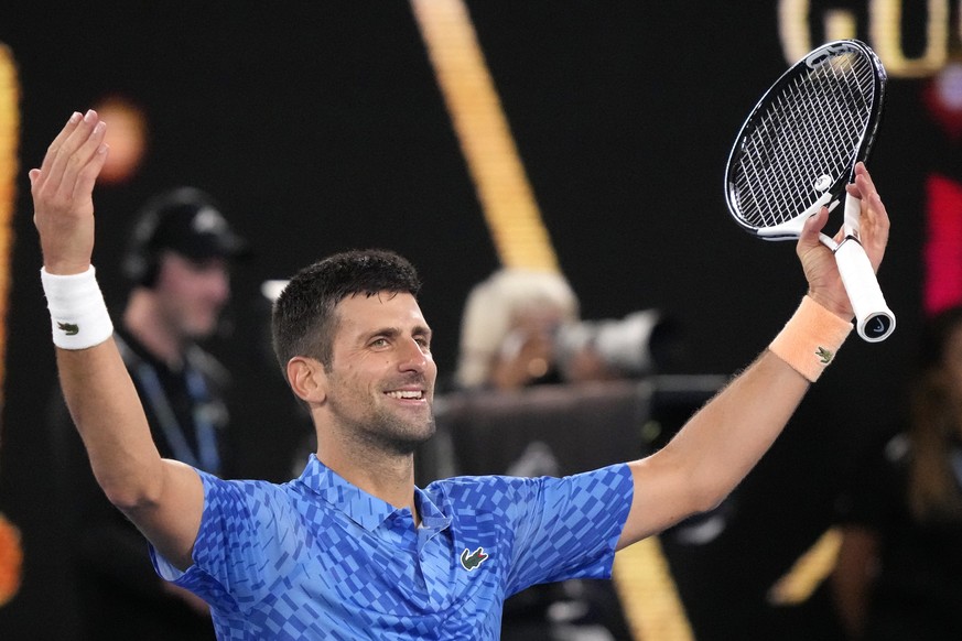 Novak Djokovic of Serbia celebrates after defeating Stefanos Tsitsipas of Greece in the men&#039;s singles final at the Australian Open tennis championship in Melbourne, Australia, Sunday, Jan. 29, 20 ...