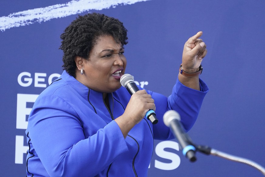 FILE - In this Nov. 1, 2020 file photo, former candidate for Georgia Governor Stacey Abrams speaks during a rally for then Democratic vice presidential candidate Sen. Kamala Harris, D-Calif., in Dulut ...