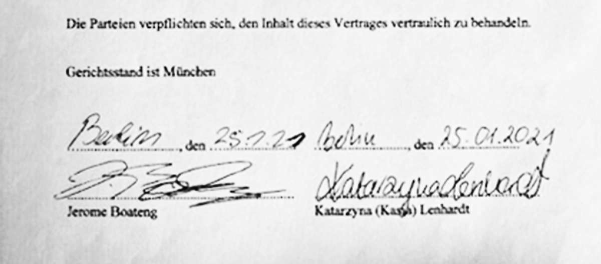 Unterschriften von Kasia Lenhardt und Jérôme Boateng unter die Verschwiegenheitsvereinbarung vom 25. Januar 2021