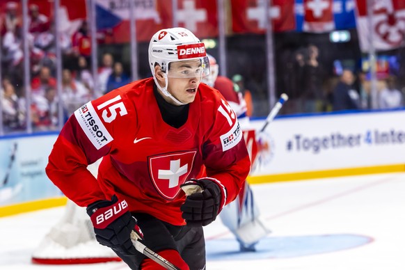 Switzerland&#039;s forward Gregory Hofmann in action, during the IIHF 2025 World Championship preliminary round group B game between Switzerland and Czech Republic, at the Jyske Bank Boxen, in Herning ...