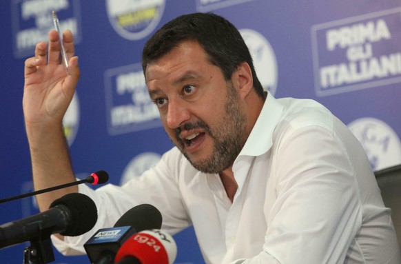 Italian Deputy Premier and Interior Minister Matteo Salvini speaks during a press conference at the League party headquarters, in Milan, Italy, Friday, June 14, 2019. (Matteo Bazzi/ANSA via AP)