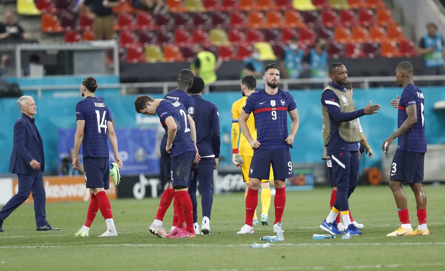 France players react disappointed after the Euro 2020 soccer championship round of 16 match between France and Switzerland at the National Arena stadium in Bucharest, Romania, Tuesday, June 29, 2021.  ...