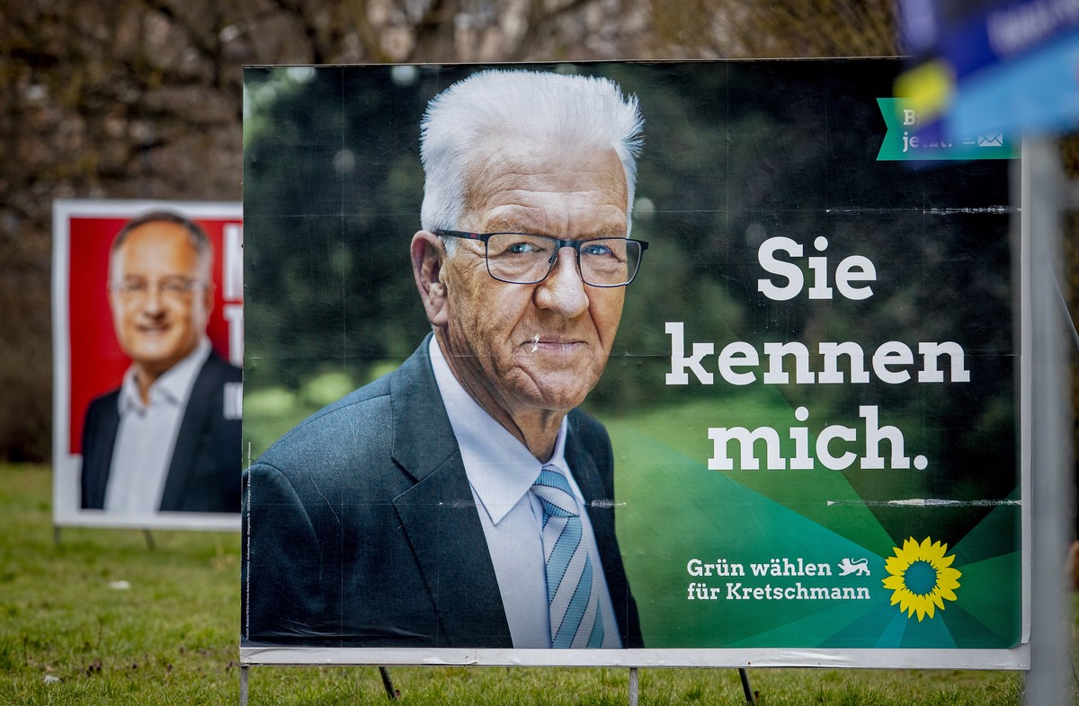 Election posters show Winfried Kretschmann from the Greens and the party's top candidate for the Baden-Wurttemberg federal state elections in Mannheim, Germany, Wednesday, March 10, 2021. The ele ...
