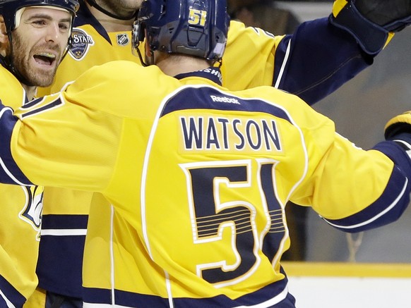 Nashville Predators left wing Eric Nystrom (24) celebrates with teammates Austin Watson (51) and Paul Gaustad, center, after scoring a goal against the Anaheim Ducks in the second period of an NHL hoc ...