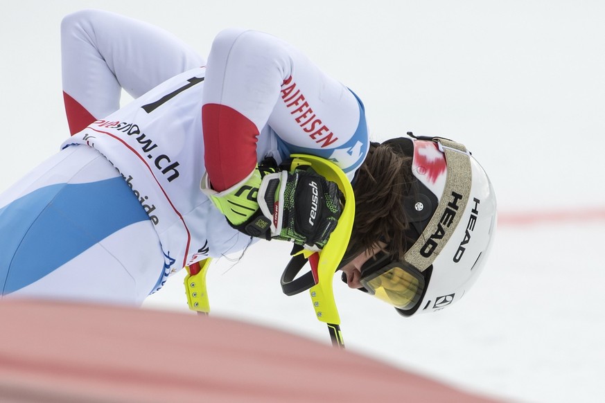 epa06480940 Wendy Holdener of Switzerland reacts in the finish area during the second run of the Women&#039;s Slalom race at the FIS Alpine Skiing World Cup in Lenzerheide, Switzerland, 28 January 201 ...