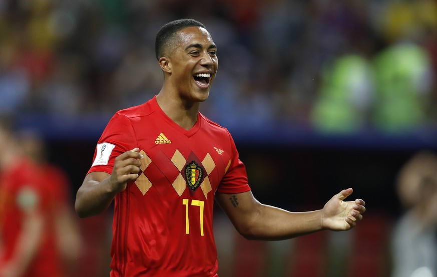 Belgium&#039;s Youri Tielemans celebrates after his team advanced to the semifinal during the quarterfinal match between Brazil and Belgium at the 2018 soccer World Cup in the Kazan Arena, in Kazan, R ...