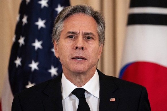 epaselect epa10446188 US Secretary of State Antony Blinken addresses the media with South Korean Foreign Minister Park Jin(not pictured) at the State Department in Washington, DC, USA, 03 February 202 ...