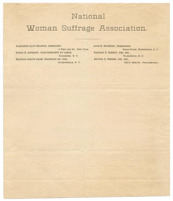 1888
The National Woman Suffrage Association was founded in 1869 and lasted until 1890, at which point it merged with the American Woman Suffrage Association to become the National American Woman Suff ...