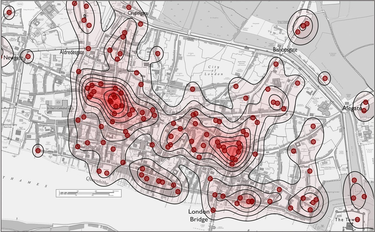 Medieval Murder Maps: Contour map of homicide density, London, 1350-1398.
https://link.springer.com/article/10.1007/s10609-025-09512-7/figures/3