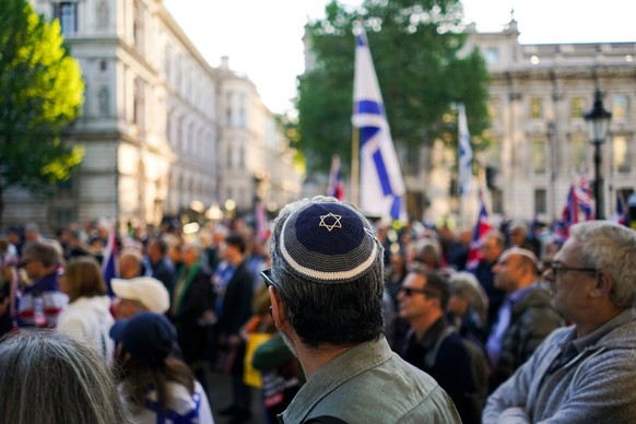KEYPIX - Protesters gather near Downing Street during a national emergency rally organized by the Campaign Against Antisemitism following a knife attack in Golders Green, in London, Thursday, April 30 ...