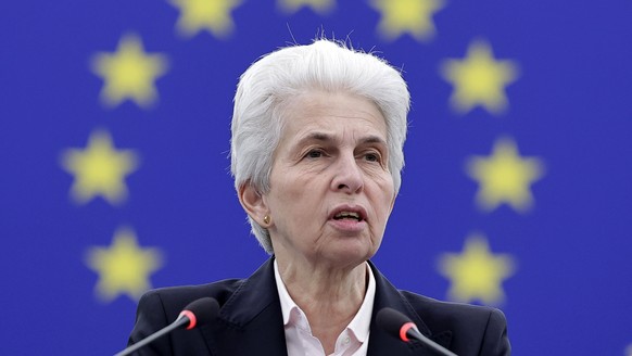 epa11844415 Marie-Agnes Strack-Zimmermann, Chairwoman of the Committee on Security and Defense in the European Parliament, speaks during a debate on 'Uniting Europe against actors hostile to the  ...