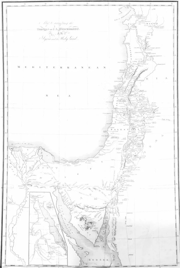 Burckhardts Karte von Syrien und dem Heiligen Land, die Palästina und Ägypten sowie die osmanischen Paschaliks zeigt, 1822 publiziert.
https://commons.wikimedia.org/wiki/File:Burckhardt%27s_map_of_Syr ...