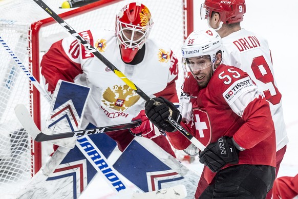 Switzerland&#039;s Romain Loeffel during the game between Switzerland and Russia, at the IIHF 2019 World Ice Hockey Championships, at the Ondrej Nepela Arena in Bratislava, Slovakia, on Sunday, May 19 ...