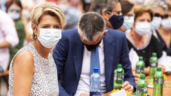 Bundesraetin Karin Keller-Sutter waehrend den 1. August-Feierlichkeiten in Schaffhausen am Samstag, 1. August 2020. (KEYSTONE/Alexandra Wey)