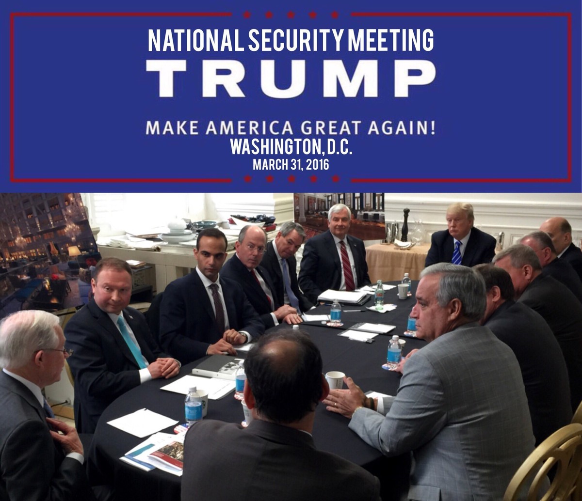 In this photo from President Donald Trump's Twitter account, George Papadopoulos, third from left, sits at a table with then-candidate Trump and others at what is labeled at a national security m ...